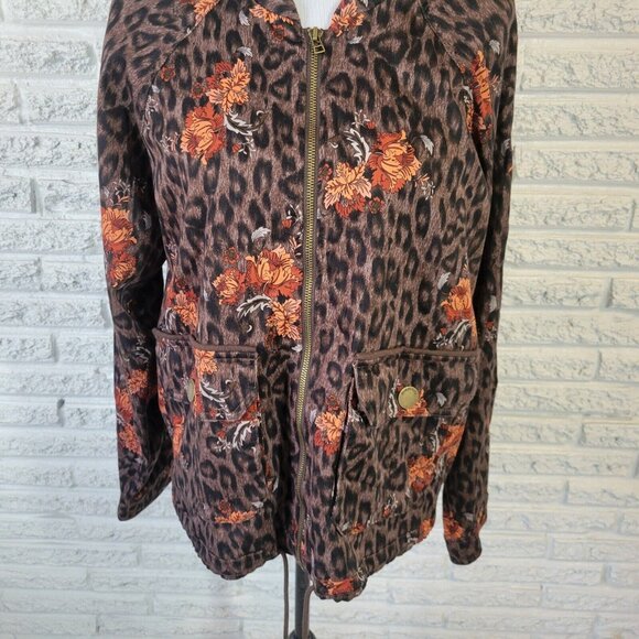 Democracy Womens Jacket XL Orange Brown Animal Print Full Zip Pockets HNGE - Picture 3 of 10